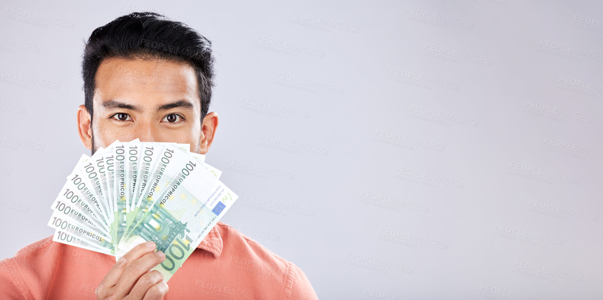 Buy stock photo Man, portrait or money fan on isolated studio background in financial freedom, stock market profit or investment. Winner, cash or euro for asian person for finance success, savings or growth mockup