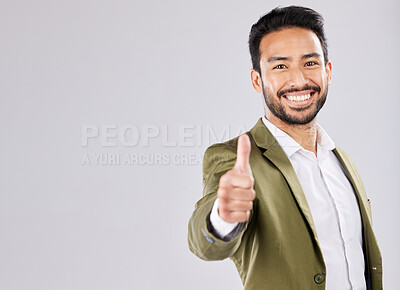 Buy stock photo Thumbs up, business and portrait of man with smile on white background for success, leadership and goals. Entrepreneur, mockup space and happy male with thank you, promotion and agreement hand sign