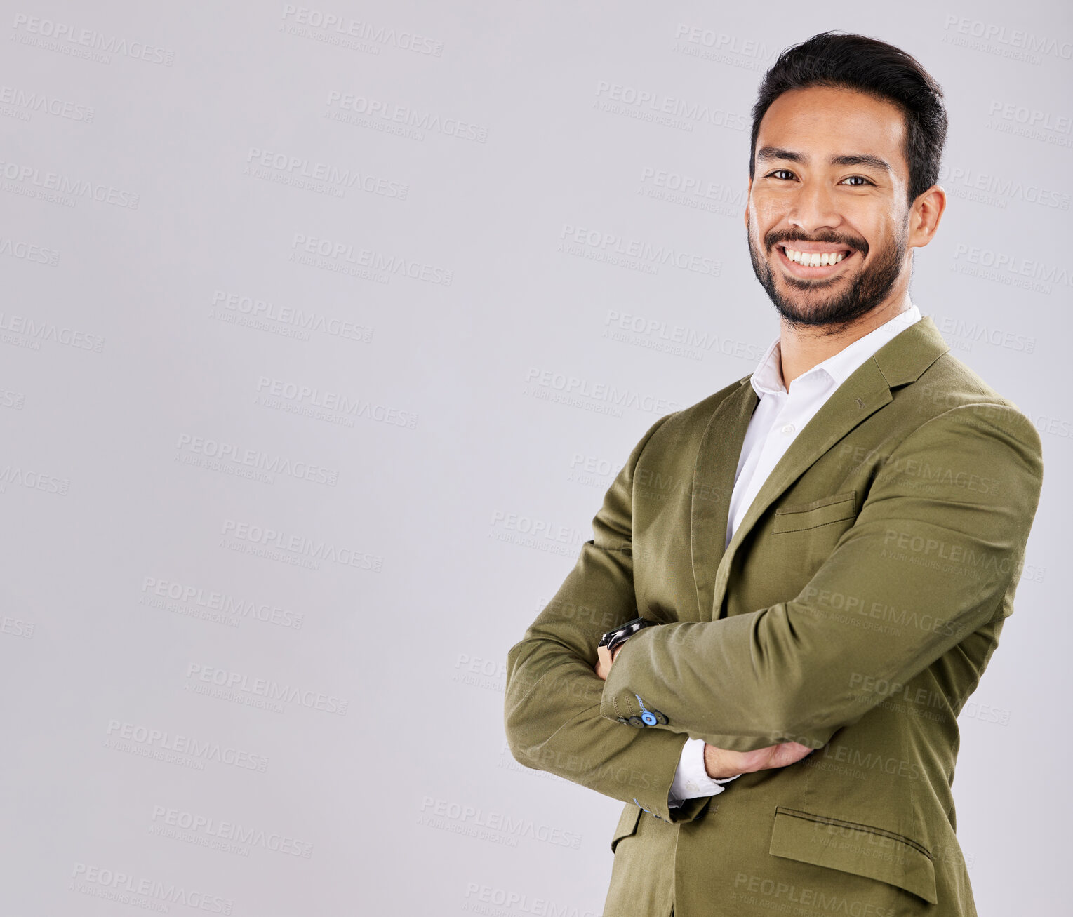 Buy stock photo Mockup, business and portrait of man with smile on white background for success, leadership and confidence. Copy space, crossed arms and happy male in professional clothes for advertising in studio