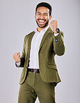 Businessman, portrait or success fist on isolated studio background in financial growth, stock market deal or finance dance. Smile, happy or cheering asian man in winner hands or profit opportunity