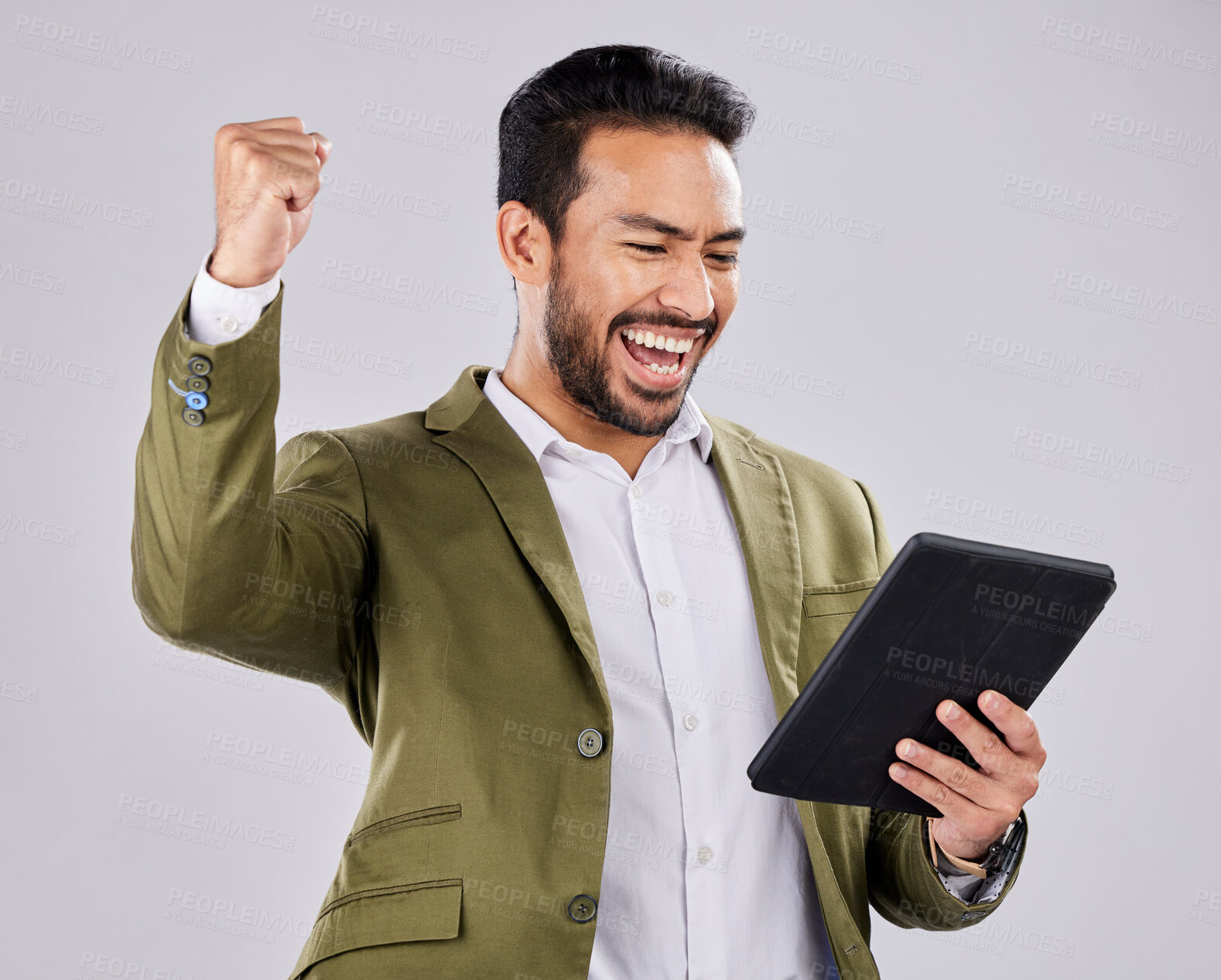 Buy stock photo Asian man, tablet or success fist on isolated studio background for financial growth, stock market deal or future security. Smile, happy or cheering businessman with winner hands, technology or loan