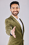 Handshake, business and portrait of man with smile on white background for thank you, welcome and onboarding. Partnership, mockup and happy male with collaboration, hiring and deal agreement gesture