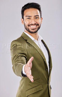 Buy stock photo Handshake, business and portrait of man with smile on white background for thank you, welcome and onboarding. Partnership, mockup and happy male with collaboration, hiring and deal agreement gesture