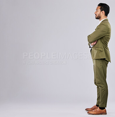 Buy stock photo Thinking, mockup and business man with arms crossed in studio isolated on a gray background. Idea, decision and confident male entrepreneur, ceo or boss contemplating with marketing or copy space.