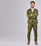 Fashion, business and portrait of a man in a studio with a luxury, stylish and corporate suit. Happy, smile and full length of a male model with a fancy outfit by a gray background with mockup space.