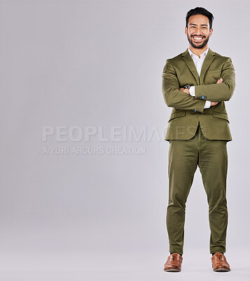 Buy stock photo Fashion, business and portrait of a man in a studio with a luxury, stylish and corporate suit. Happy, smile and full length of a male model with a fancy outfit by a gray background with mockup space.