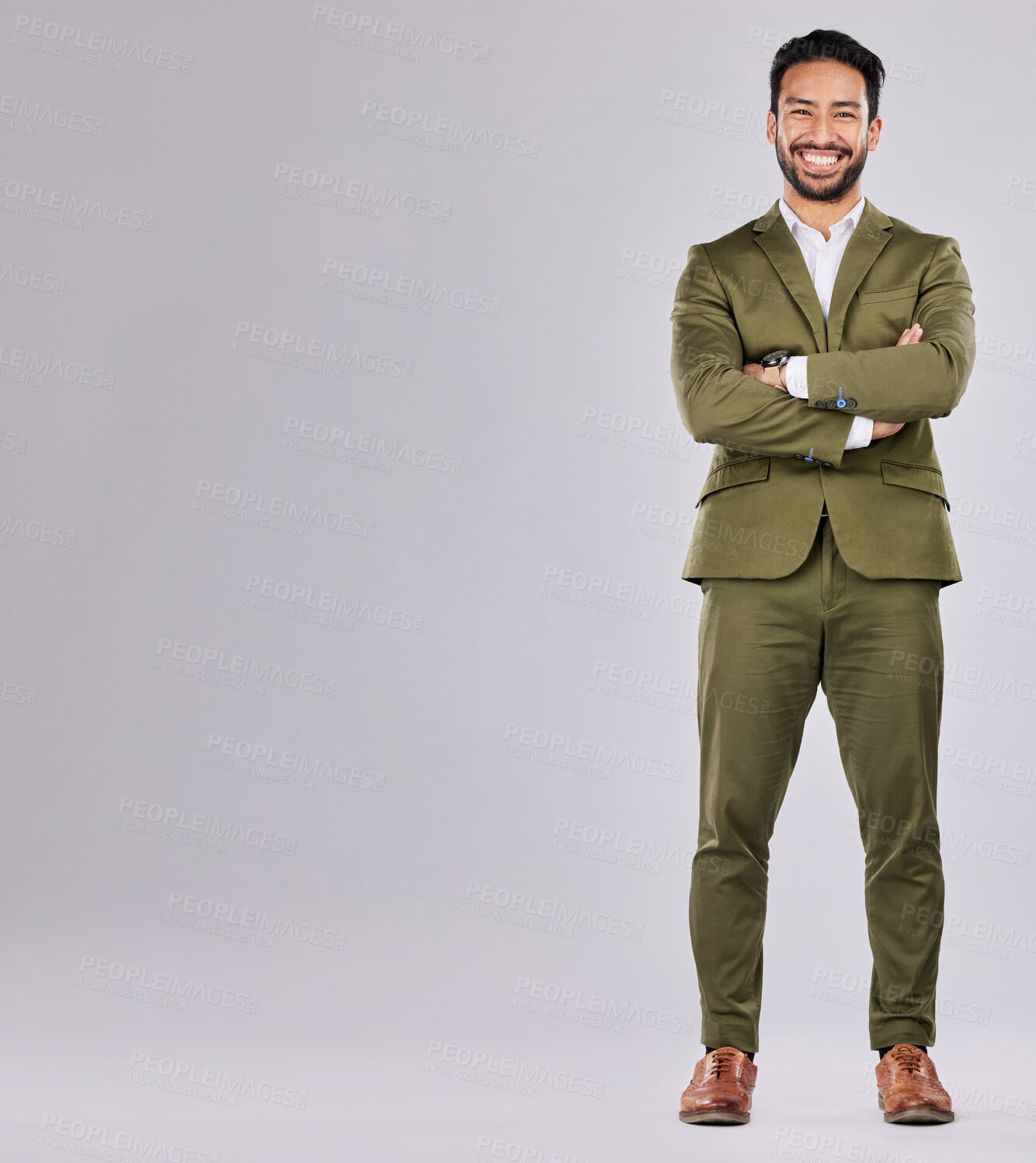 Buy stock photo Fashion, business and portrait of a man in a studio with a luxury, stylish and corporate suit. Happy, smile and full length of a male model with a fancy outfit by a gray background with mockup space.