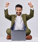 Asian man, laptop or success fist on isolated studio background for financial growth, stock market deal or future security. Smile, happy or cheering businessman with winner hands, technology or loan