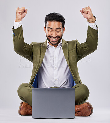 Buy stock photo Asian man, laptop or success fist on isolated studio background for financial growth, stock market deal or future security. Smile, happy or cheering businessman with winner hands, technology or loan