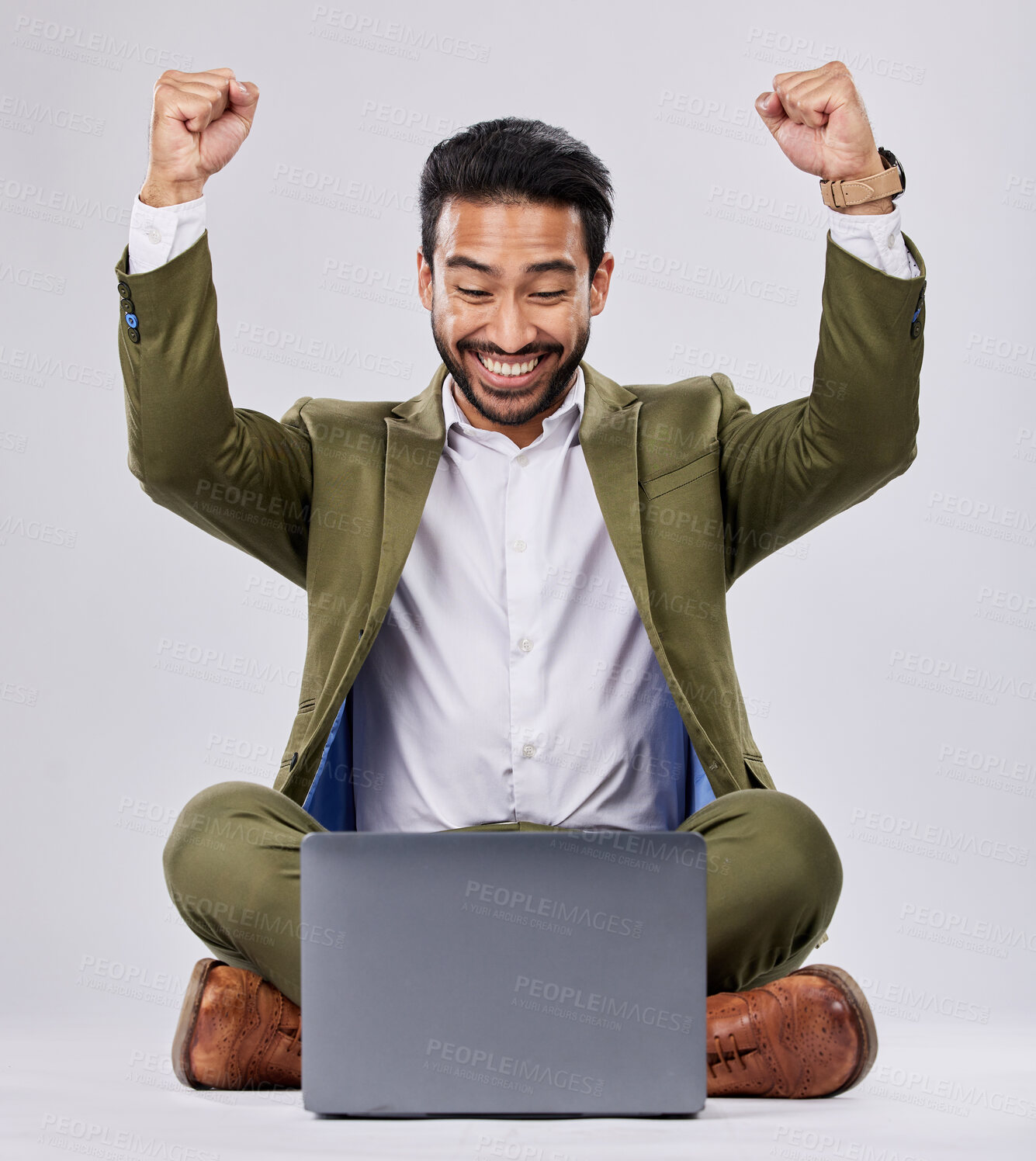 Buy stock photo Asian man, laptop or success fist on isolated studio background for financial growth, stock market deal or future security. Smile, happy or cheering businessman with winner hands, technology or loan