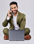 Asian businessman, phone call or laptop on isolated studio background in finance deal networking, investment or negotiation. Happy, talking or sitting corporate man on mobile communication technology