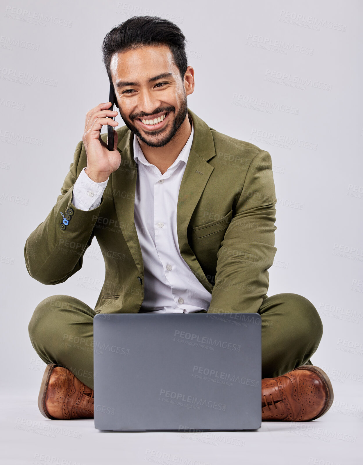 Buy stock photo Asian businessman, phone call or laptop on isolated studio background in finance deal networking, investment or negotiation. Happy, talking or sitting corporate man on mobile communication technology