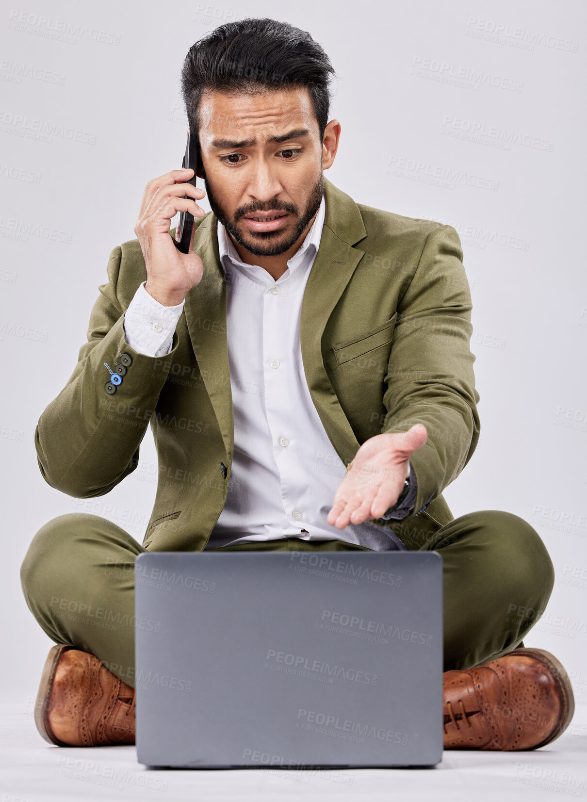 Buy stock photo Businessman stress, phone call or laptop on isolated studio background in finance phishing, investment hacking or stock market loss. Worry, fear or talking corporate man and mobile technology anxiety