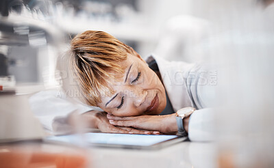 Buy stock photo Scientist sleeping, tired and overwork with woman and burnout with insomnia from overtime. Medical research, scientific innovation and senior female in science, fatigue and overwhelmed in laboratory