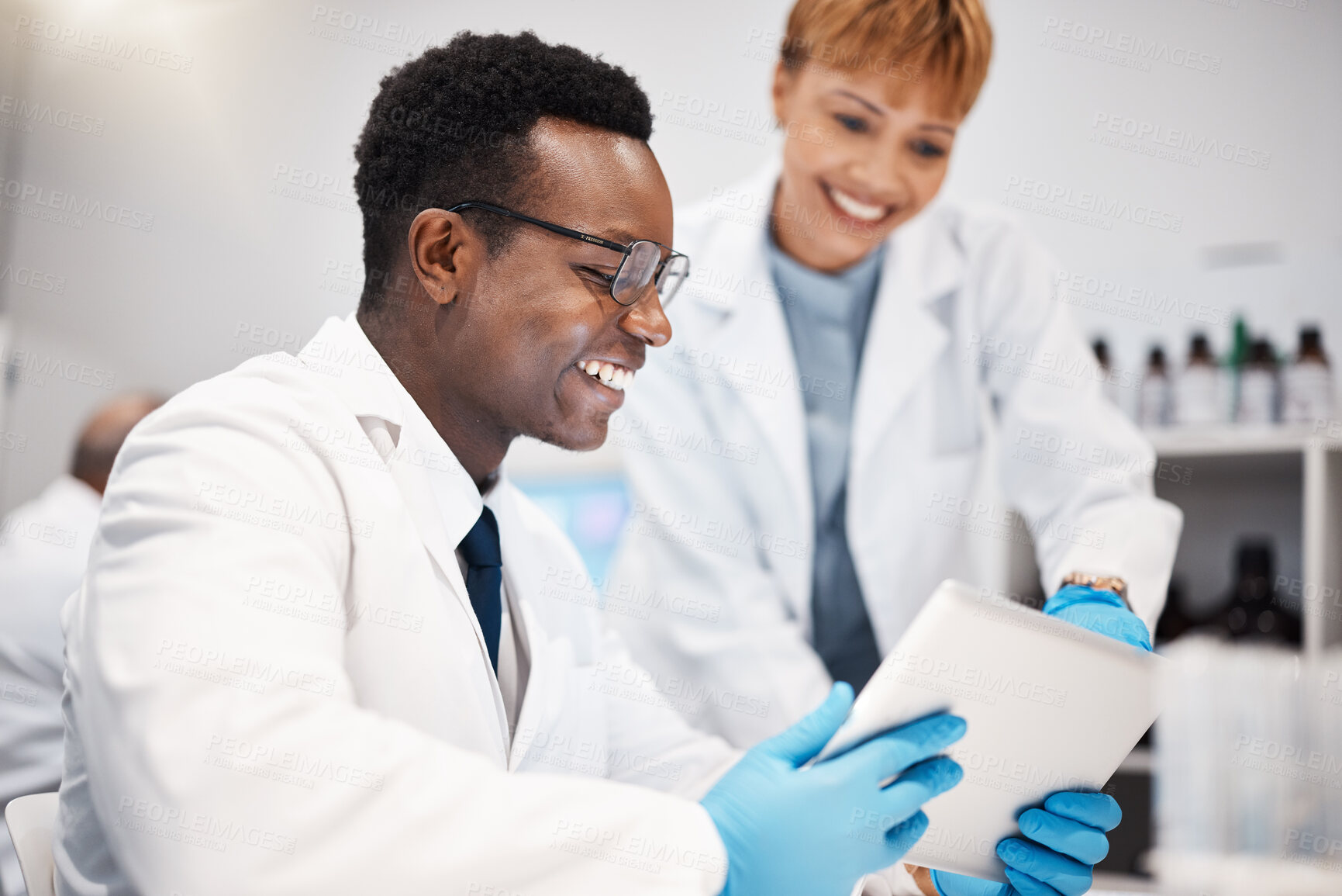 Buy stock photo Science team, research and people with tablet in laboratory for experiment, study and medical results. Healthcare, pharmacy and scientists in discussion with digital tech for vaccine data analysis