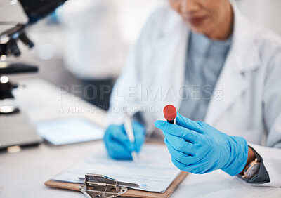 Buy stock photo Scientist, woman and writing lab results with study, focus or analysis for pharma development. Science expert, checklist and documents with microscope, innovation and report of pharmaceutical trial