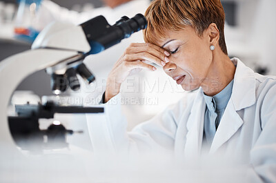 Buy stock photo Scientist with headache, tired and overworked, woman and burnout with pain, deadline and overtime. Medical research, scientific stress and senior female in science, fatigue and overwhelmed in lab