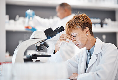 Buy stock photo Scientist with headache, burnout and tired with woman, overworked with overtime for science breakthrough. Medical research, scientific innovation and senior female, fatigue and overwhelmed in lab