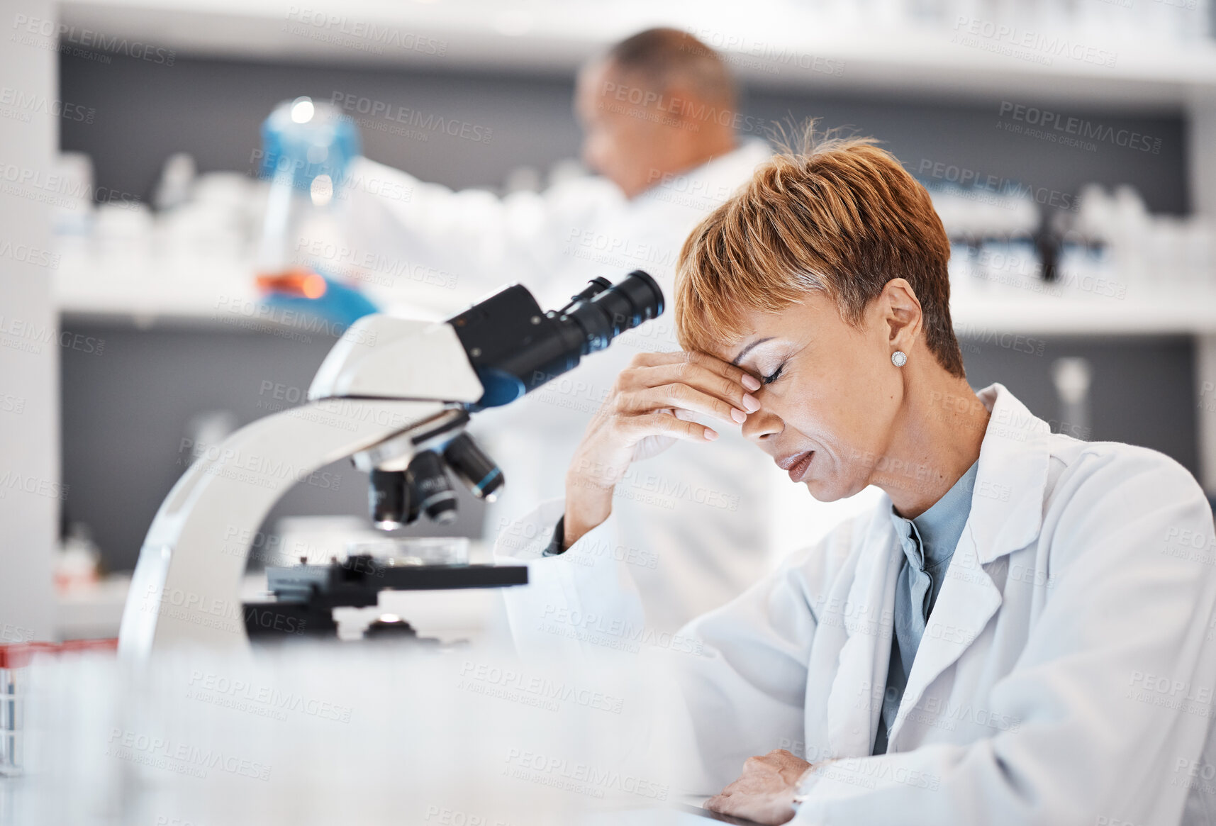 Buy stock photo Scientist with headache, burnout and tired with woman, overworked with overtime for science breakthrough. Medical research, scientific innovation and senior female, fatigue and overwhelmed in lab