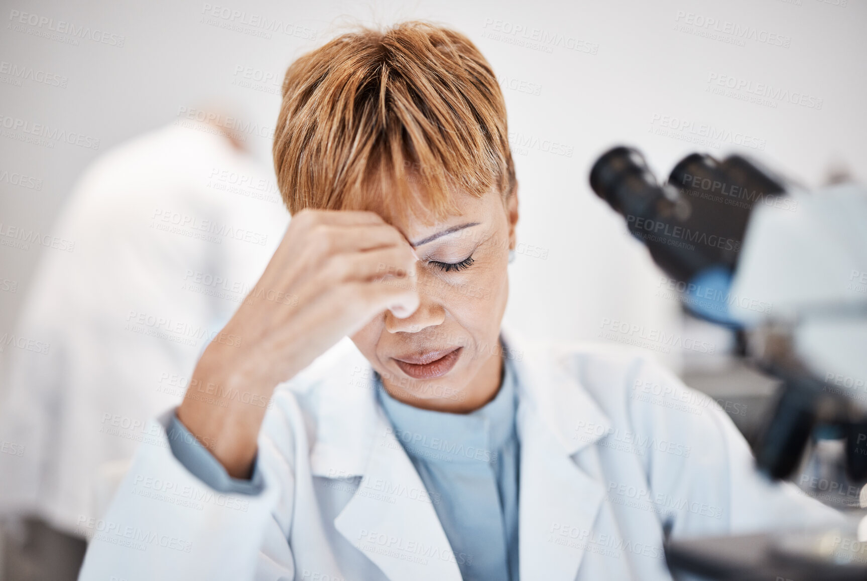 Buy stock photo Scientist with headache, stress and tired with woman, overworked with overtime for science breakthrough. Medical research, scientific innovation and senior female, burnout and migraine in lab