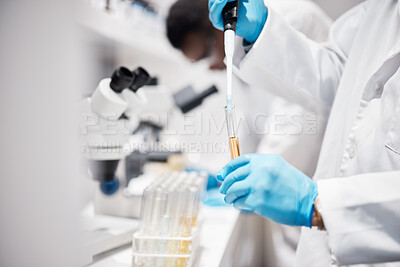 Buy stock photo Hands, science and tube for research in laboratory with liquid, medicine or pharma product with gloves. Innovation, medical scientist and chemistry lab for study and future pharmaceutical trial