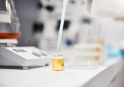 Buy stock photo Science, tube and research in lab with liquid, medicine or pharma product on desk for chemical analysis. Innovation, beaker and fluid dropper in laboratory study, pharmaceutical trial or development