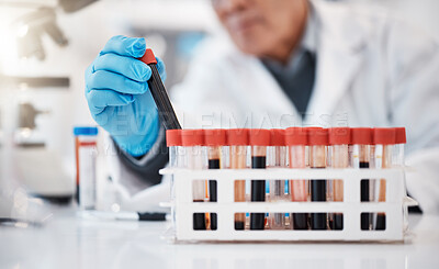 Buy stock photo Blood, test tube and hands of scientist in laboratory with sample for research, medical study and science. Healthcare, pharmaceutical and old man with vial for dna testing, biology and rna analysis