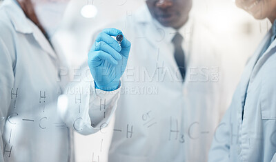 Buy stock photo Closeup, science and team with glass, planning and formulas for new experiment, share ideas and writing in lab. Zoom, staff and male employee with innovation, research and brainstorming in laboratory