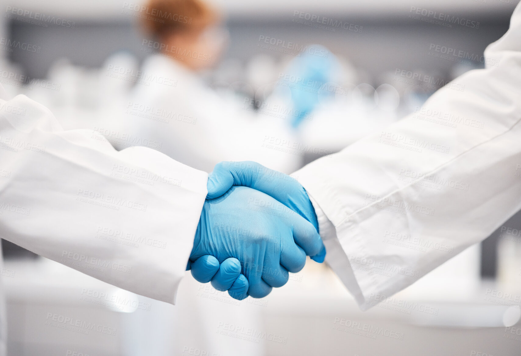 Buy stock photo Doctor, shaking hands and gloves for safety in healthcare, partnership or trust for collaboration, unity or support at lab. Team of medical experts handshake in teamwork for agreement or success