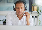 Black man, call center and focus by computer for consulting, contact us and tech support on web in office. Crm expert, consultant and customer service agent with vision, telemarketing and help desk