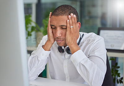 Buy stock photo Stress, anxiety or black man in call center with burnout or migraine pain at customer services help desk. Tired, headache or sick sales consultant frustrated with mistakes in a telemarketing company