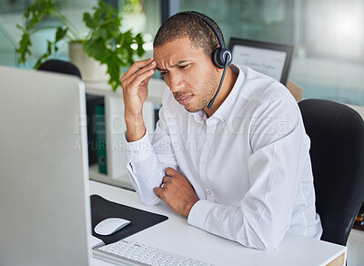 Buy stock photo Headache, tired and call center man fatigue, stress and burnout in online, virtual service or salesman career. Confused, thinking or depressed consultant, professional advisor or telecom agent person