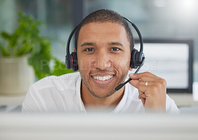 Buy stock photo Black man, call center portrait and happy by computer for consulting, contact us and tech support in office. Crm expert, consultant and customer experience agent with smile, telemarketing and sales