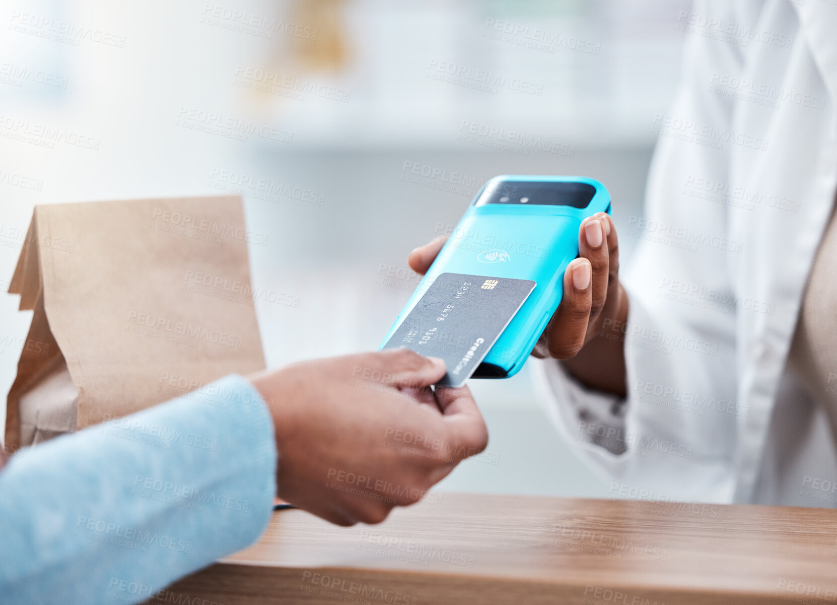 Buy stock photo Credit card, pos payment or hands of black people for pharmacy package, medicine or product. Retail sales machine, shopping customer or pharmacist for medical healthcare with finance fintech purchase