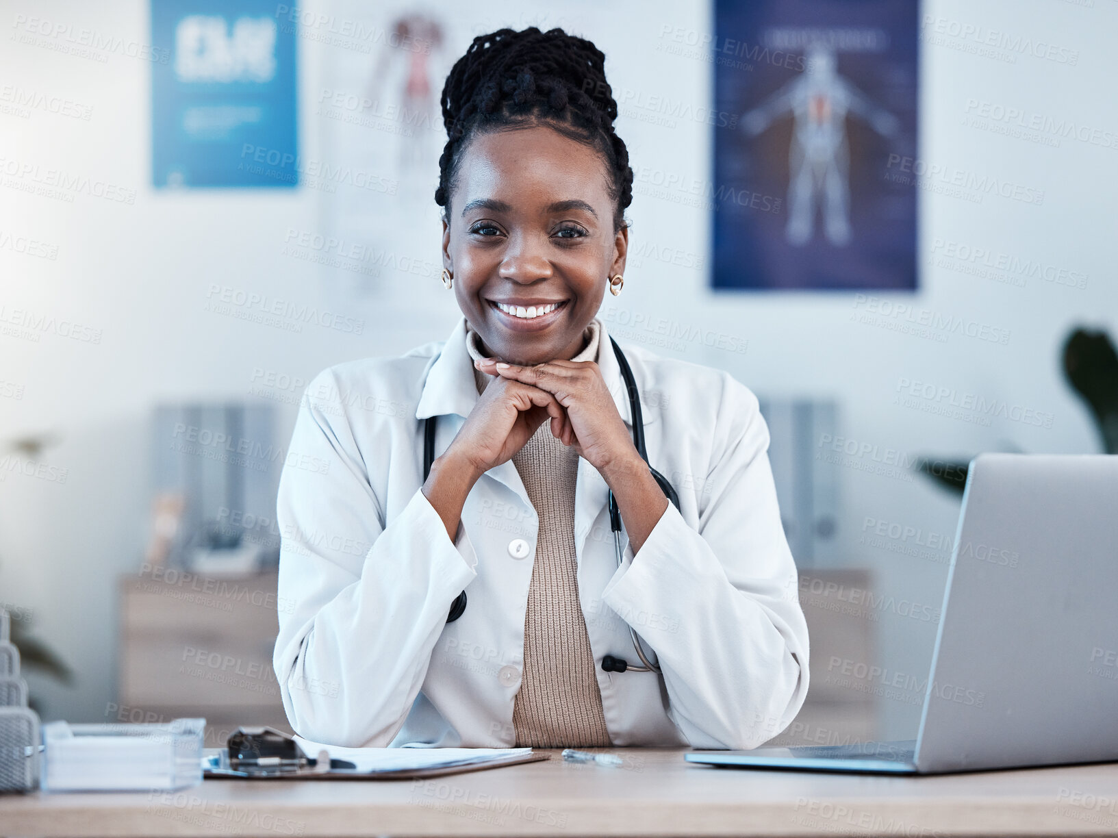 Buy stock photo Black woman, doctor in portrait and health, smile in office and laptop, medical professional and happy in career. Female physician, hands and healthcare mindset with cardiologist at clinic and leader