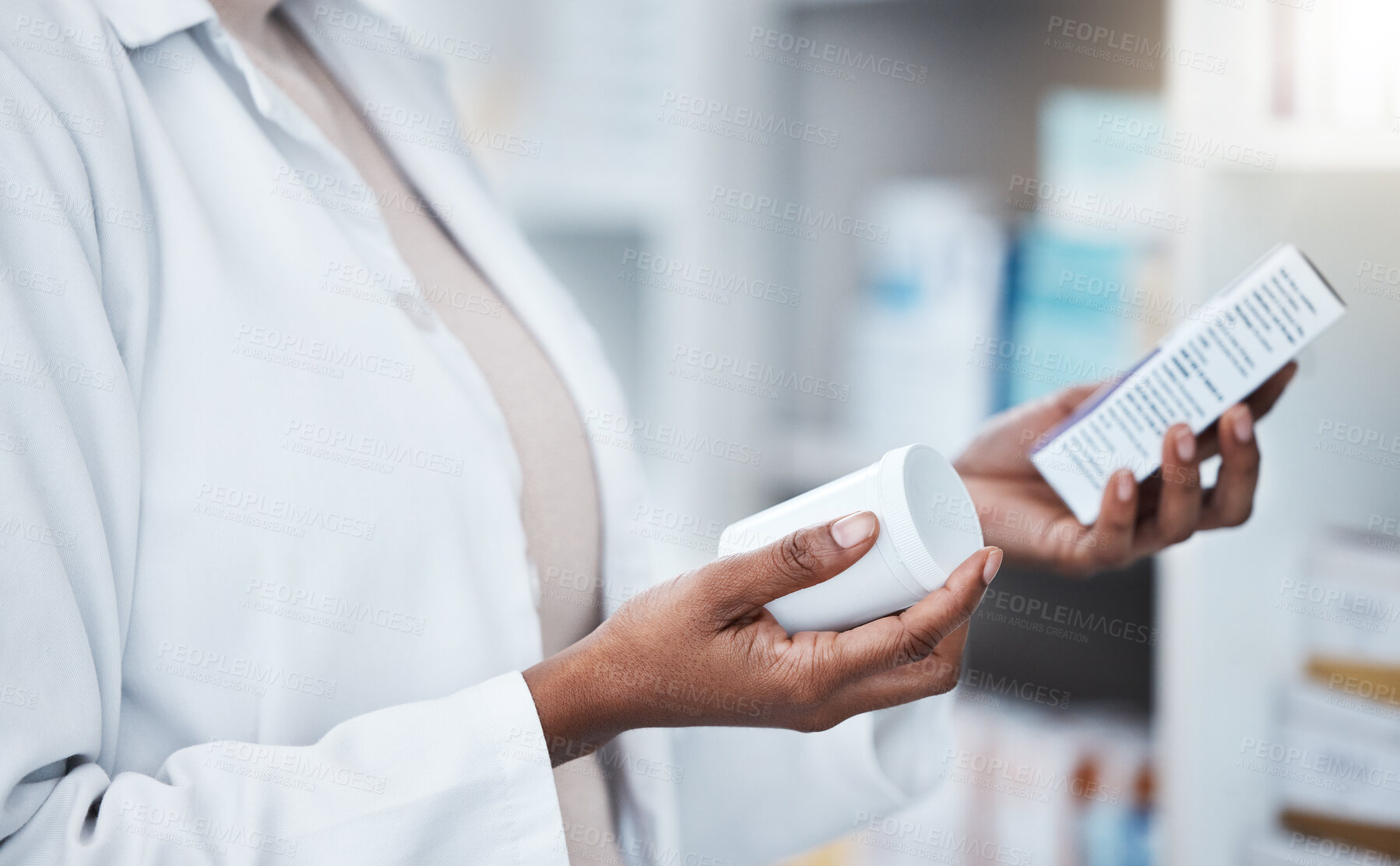 Buy stock photo Hands, pharmacy and choice with box, medicine and decision with prescription for healthcare. Pharmacist, black woman and pharmaceutical pills for health, wellness or medical store with stock on shelf