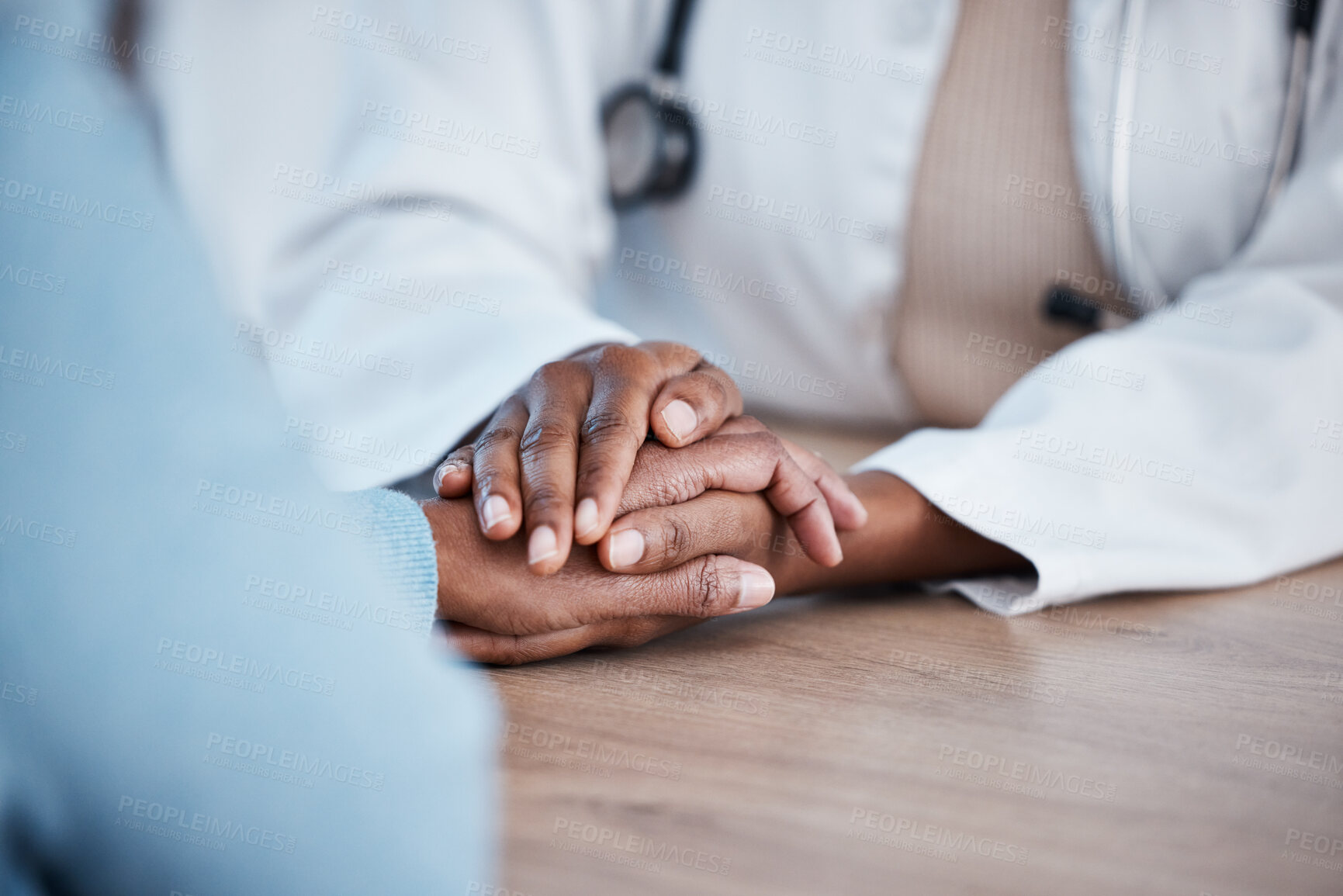 Buy stock photo Holding hands closeup, doctor and patient consultation for healthcare support, services and sad news, test results or help. Clinic, medical professional or black people consulting, helping and advice