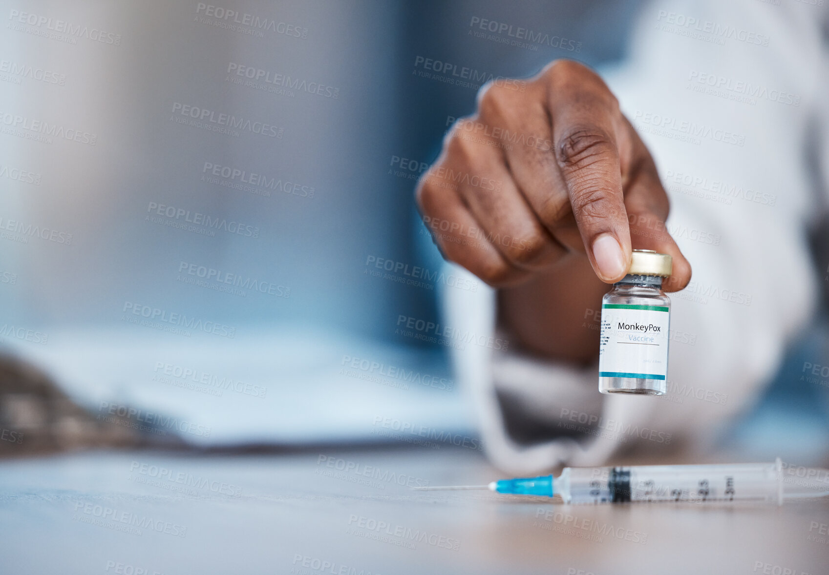 Buy stock photo Monkeypox vaccine, medicine and doctor hands with bottle mockup, healthcare or booster vial for disease protection. Medical hospital clinic, pharmacy pharmacist or black woman with virus immunization