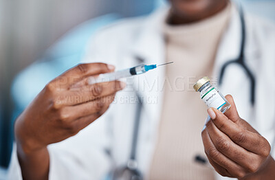 Buy stock photo Monkeypox vaccine, needle or doctor hands with medicine bottle, healthcare vial or booster injection for disease protection. Hospital nurse, pharmacy pharmacist or black woman with virus immunization