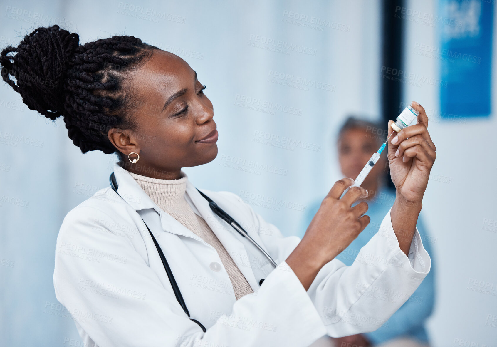 Buy stock photo Monkeypox vaccine, hospital needle and doctor nurse with medicine bottle, medical vial or booster injection. Disease healthcare safety, pharmacy pharmacist and black woman with patient virus cure