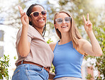 Friendship, diversity and portrait of women peace sign, sunglasses and smile in garden together. Freedom, fun and happy face of real friends embrace with hand gesture in crazy summer holiday picture.