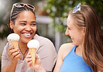 Friends eating ice cream, happiness and dessert outdoor, travel with freedom, snack and smile while on holiday. Diversity, happy and eating gelato, summer and together with women bonding in Italy