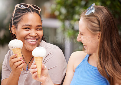 Buy stock photo Friends eating ice cream, happiness and dessert outdoor, travel with freedom, snack and smile while on holiday. Diversity, happy and eat gelato, summer and together with women bonding in Italy