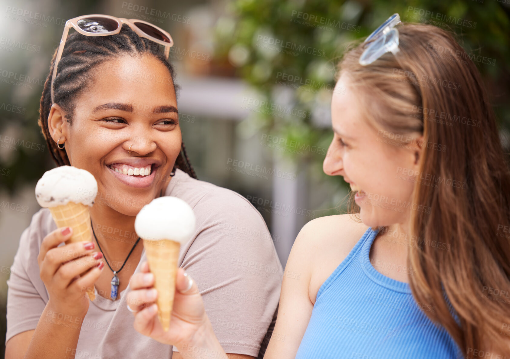 Buy stock photo Friends eating ice cream, happiness and dessert outdoor, travel with freedom, snack and smile while on holiday. Diversity, happy and eat gelato, summer and together with women bonding in Italy