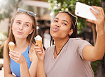 Friends with ice cream, kiss and selfie outdoor with travel, happy with dessert and spending time together on vacation. Social media post, pout face in picture and young female eating gelato in Italy