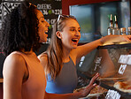 Happy woman or friends order pizza at restaurant for lunch or dinner at small business startup and gen z lifestyle. Young diversity people at counter for fast food choice on sale, discount or deal