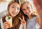 Selfie, portrait or friends take profile picture in cafe with happy smile on holiday vacation or weekend. Social media, Asian or young women smiling in restaurant for fun brunch date with cocktails 