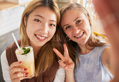 Buy stock photo Selfie, portrait or friends take profile picture in cafe with happy smile on holiday vacation or weekend. Social media, Asian or young women smiling in restaurant for fun brunch date with cocktails 