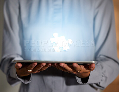 Buy stock photo Hands, tablet and 3D hologram of puzzle piece for planning, strategy or problem solving in technology at night. Hand of business person holding futuristic touchscreen and holographic jigsaw at office