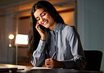 Phone call, writing notes and woman at night busy networking, planning schedule or data administration. Happy female worker, mobile communication and overtime working for business contact information